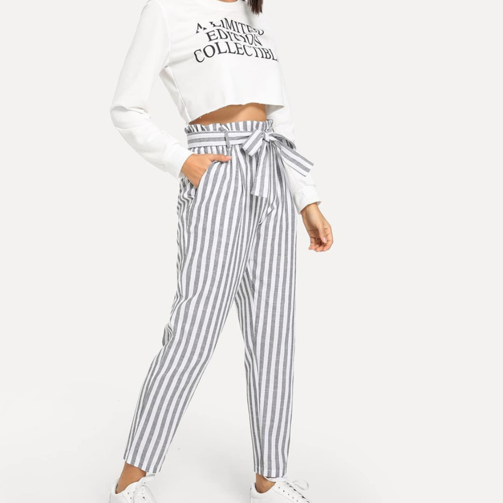 Mid Waist Pinstripe High Waisted Drawstring Pants